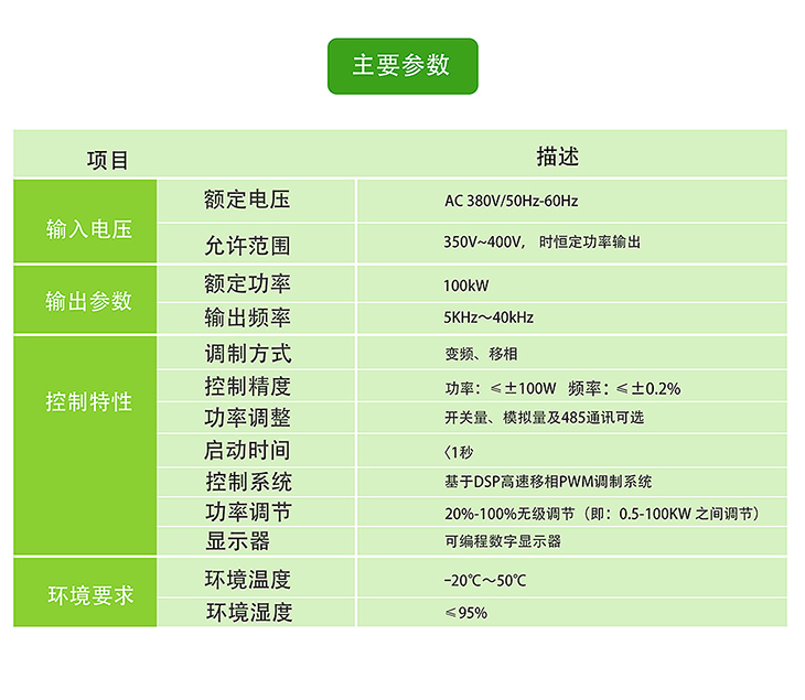 100KW电磁加热器主要参数表